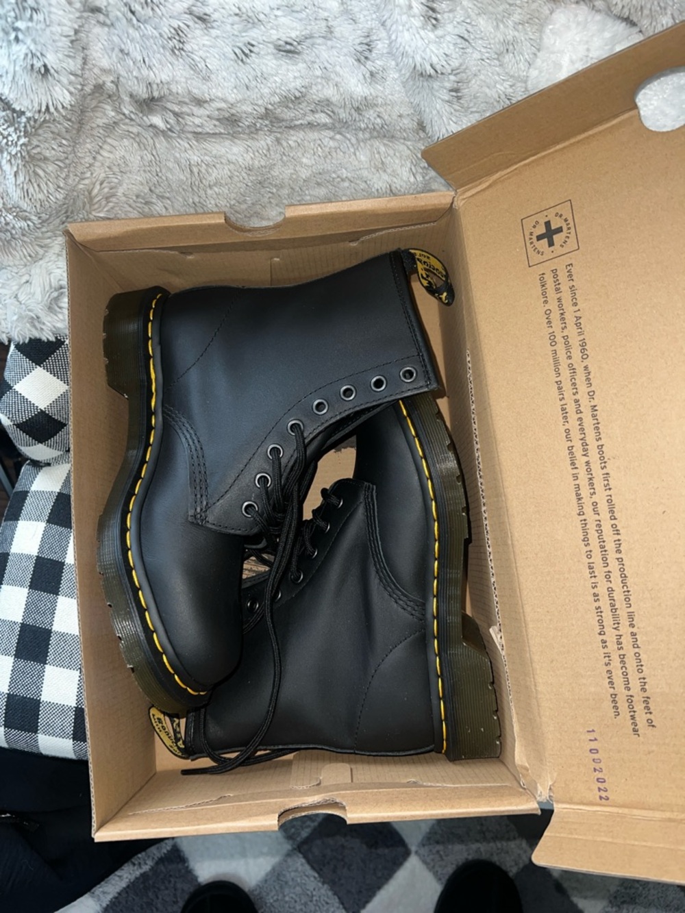 Dr. Martens Black Leather Lace-Up Boots with Yellow Stitching